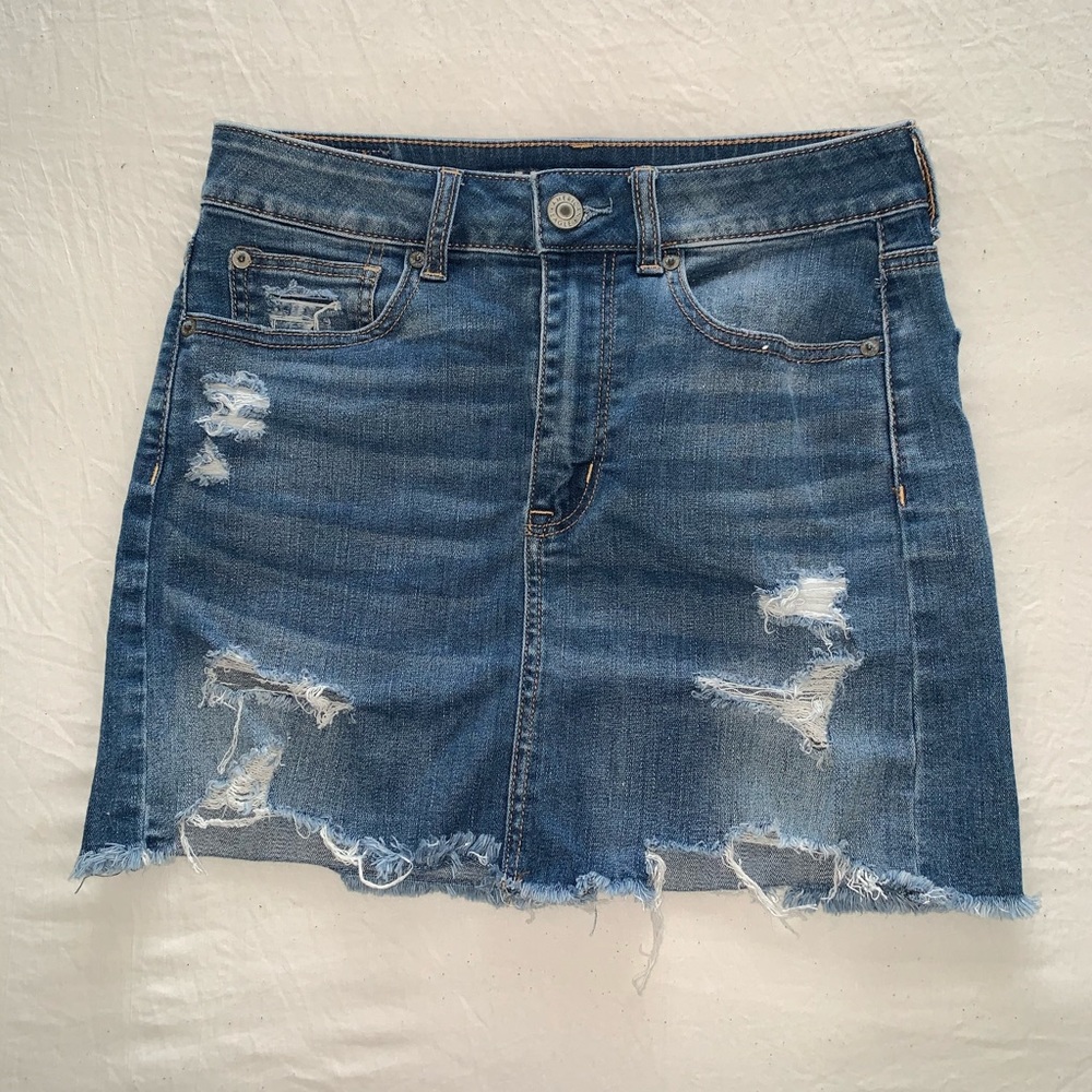 Blue Distressed Denim Skirt